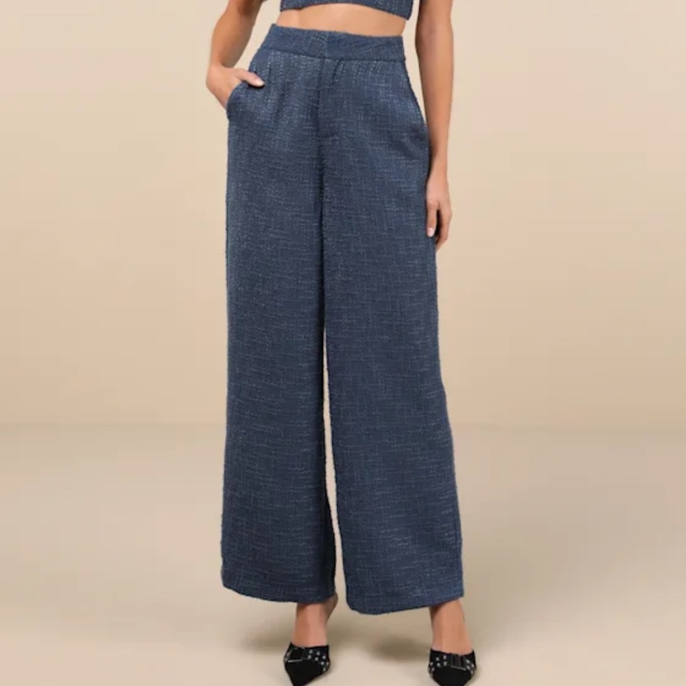 Lulus Chic And Sophisticated Navy Blue Tweed Wide-leg Pants - Size L